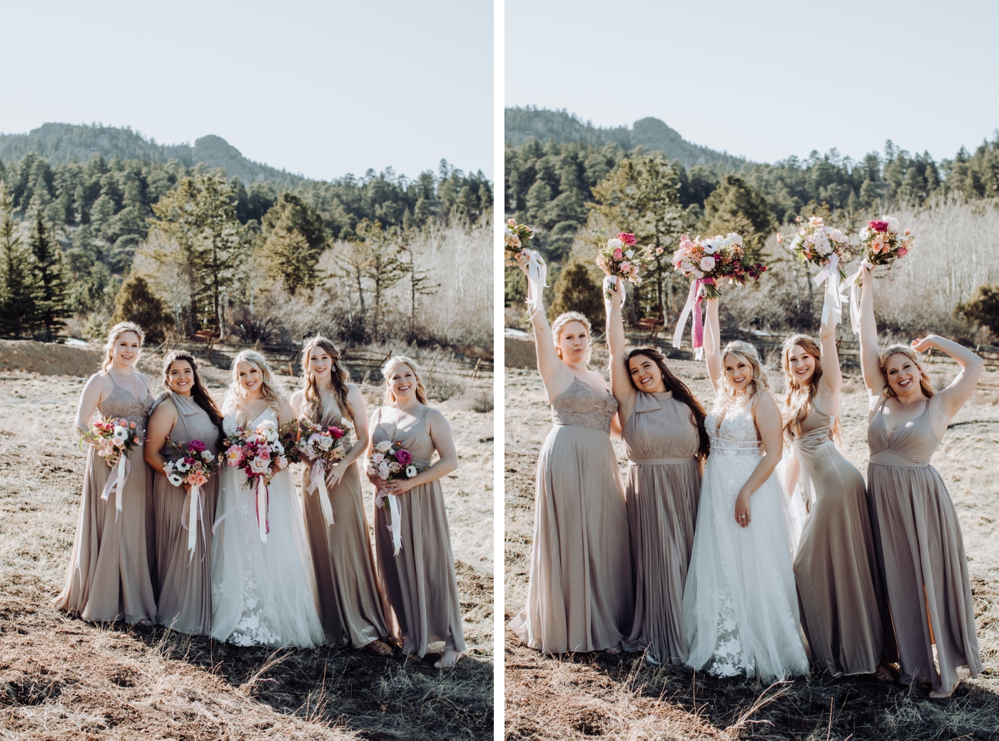 Tan and mauve bridesmaids dresses