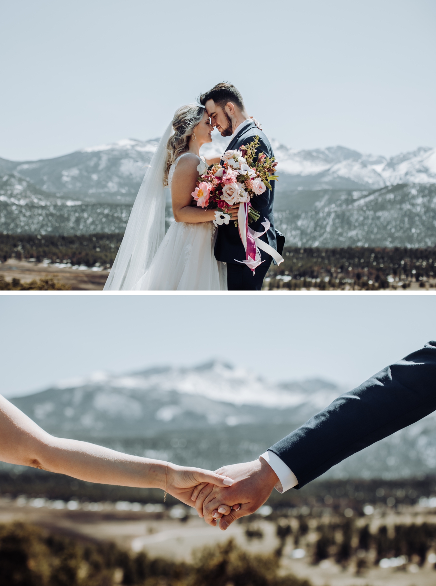 Bride and groom portraits overlooking the Estes Valley