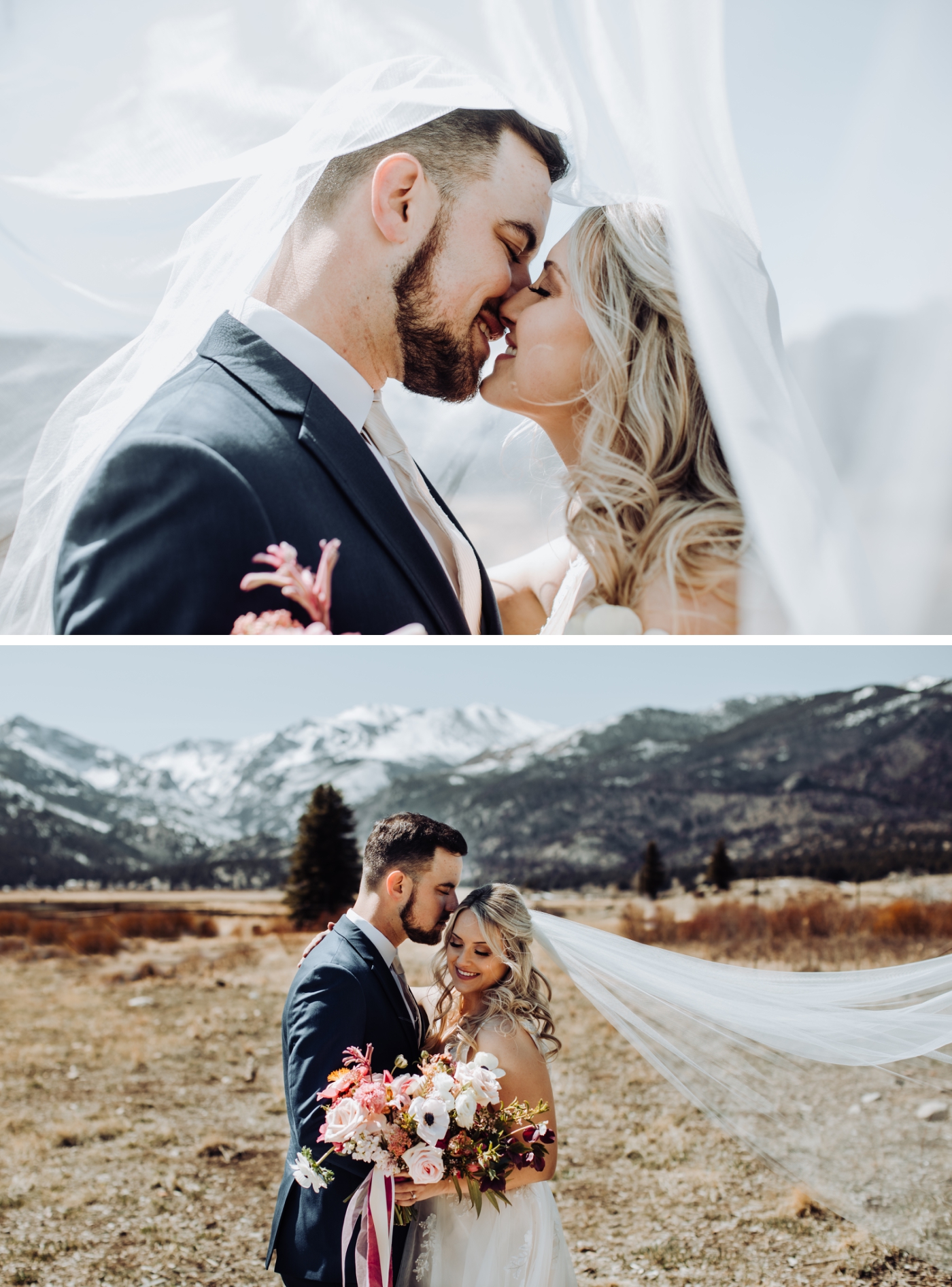 Bride and groom portraits overlooking the Estes Valley