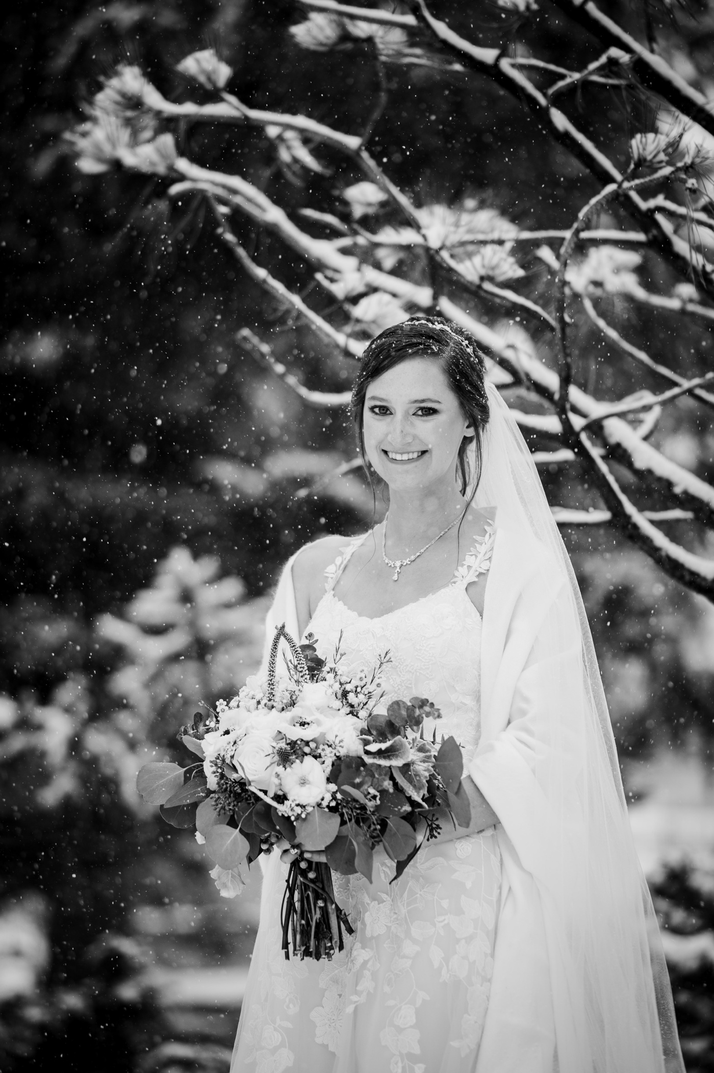 Bride and groom portraits in the snow at Taharaa Mountain Lodge
