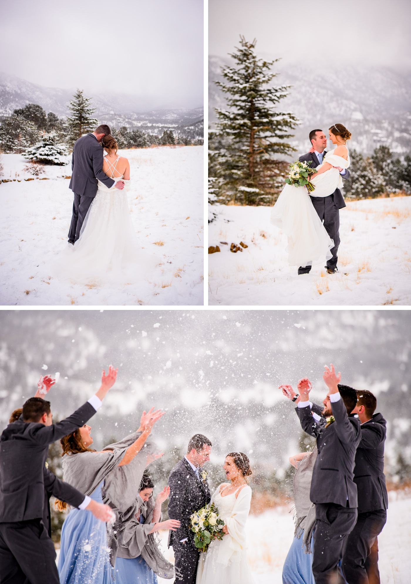 Bride and groom portraits in the snow at Taharaa Mountain Lodge
