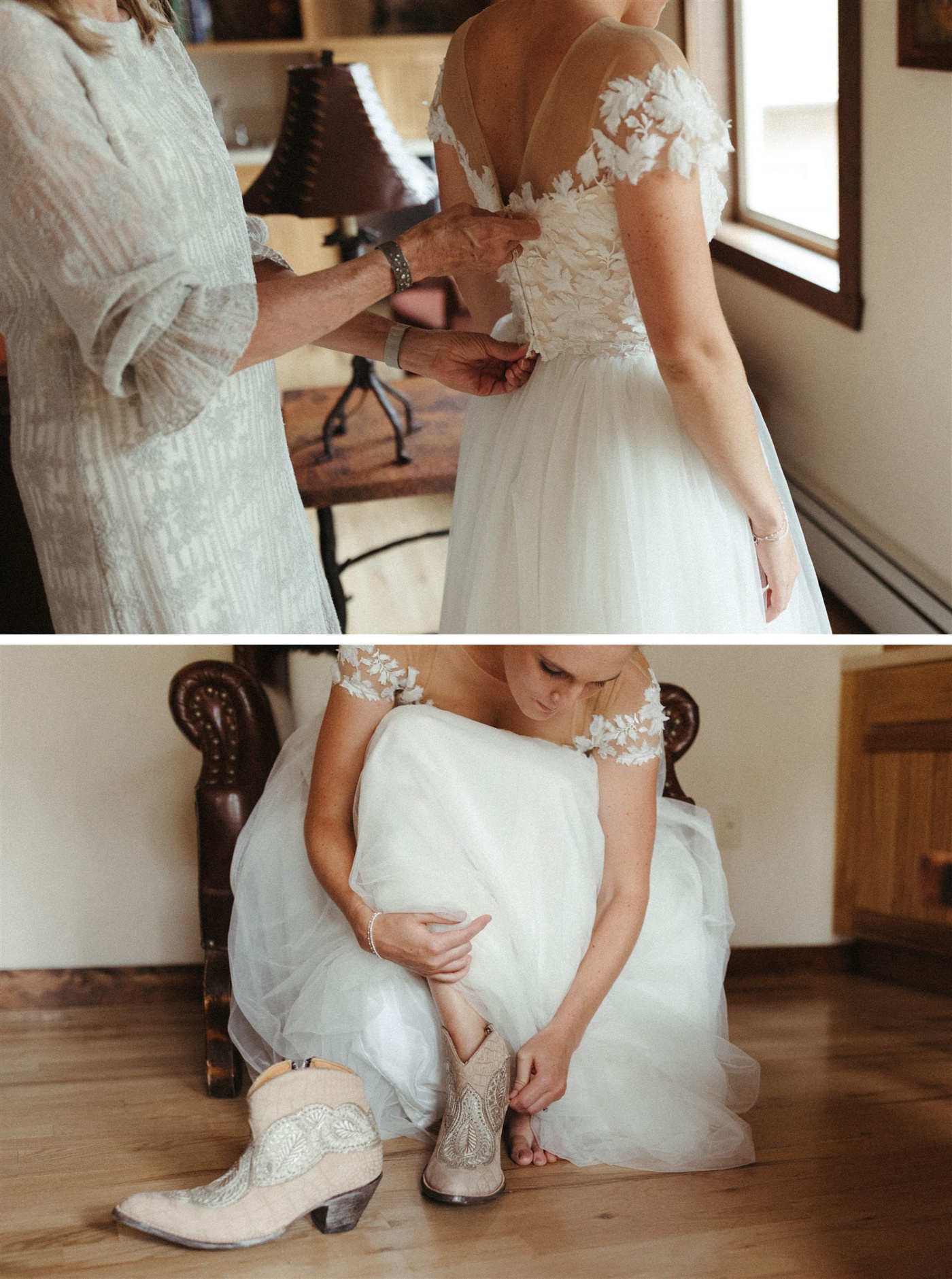 Bride in a lace and tulle gown with boots