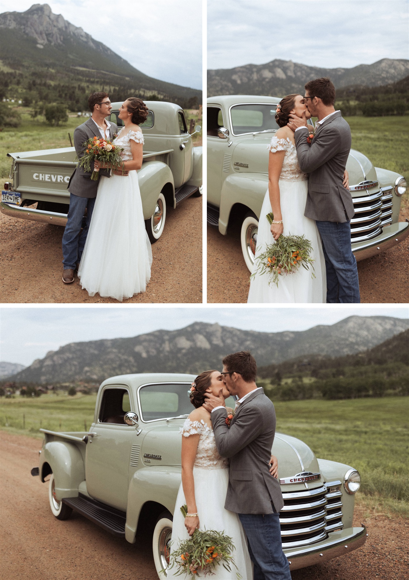 Bride and groom portraits with a vintage truck