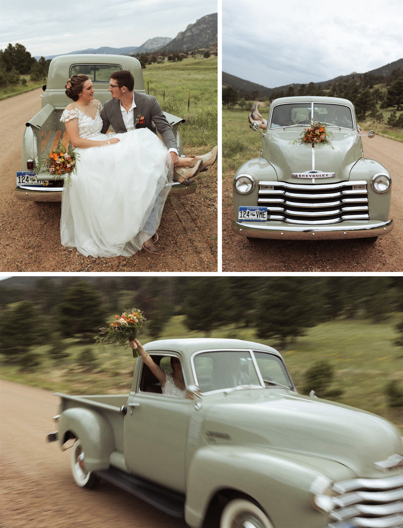 Bride and groom portraits with a vintage truck