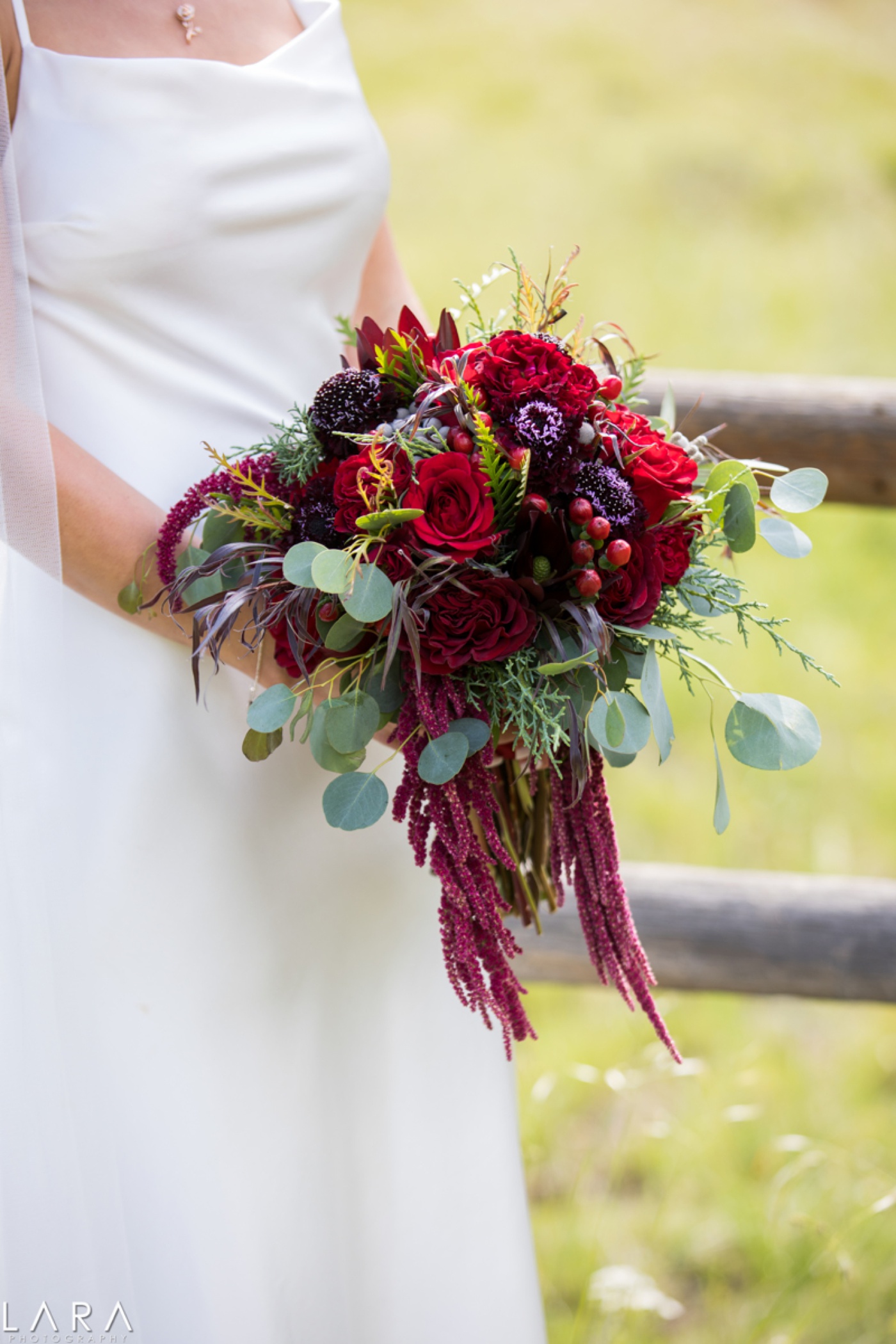 Bridal bouquet with red roses, plum flowers, and eucalyptus