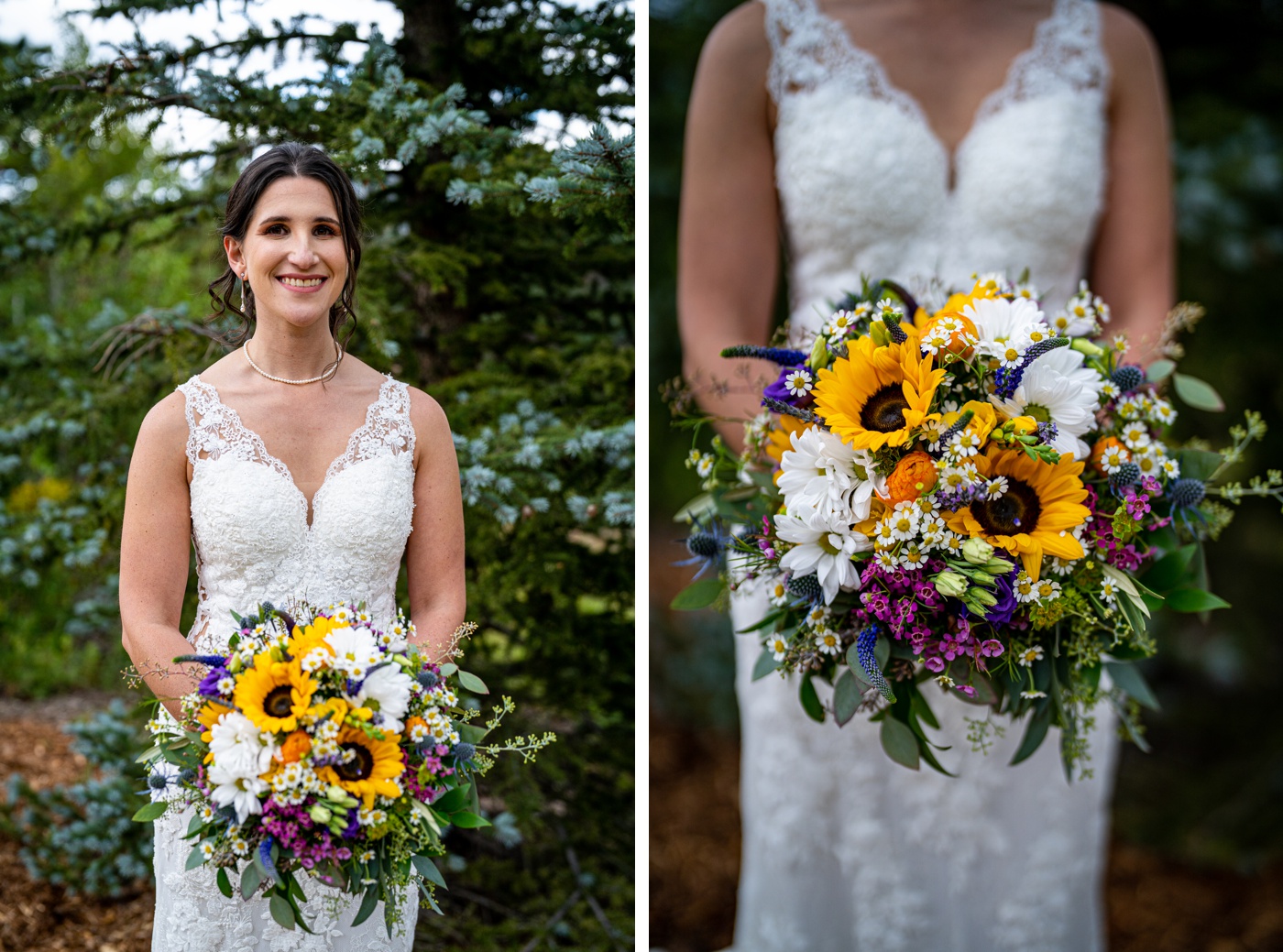 Fresh flower bridal bouquet with sunflowers